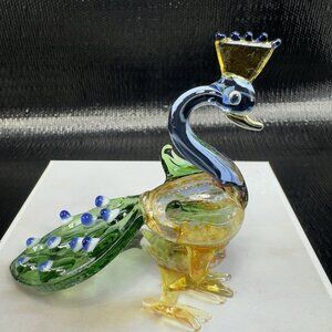 Pier 1 Glass Peacock Figurine Hand Blown Bird New In Box Miniature Figurine VTG